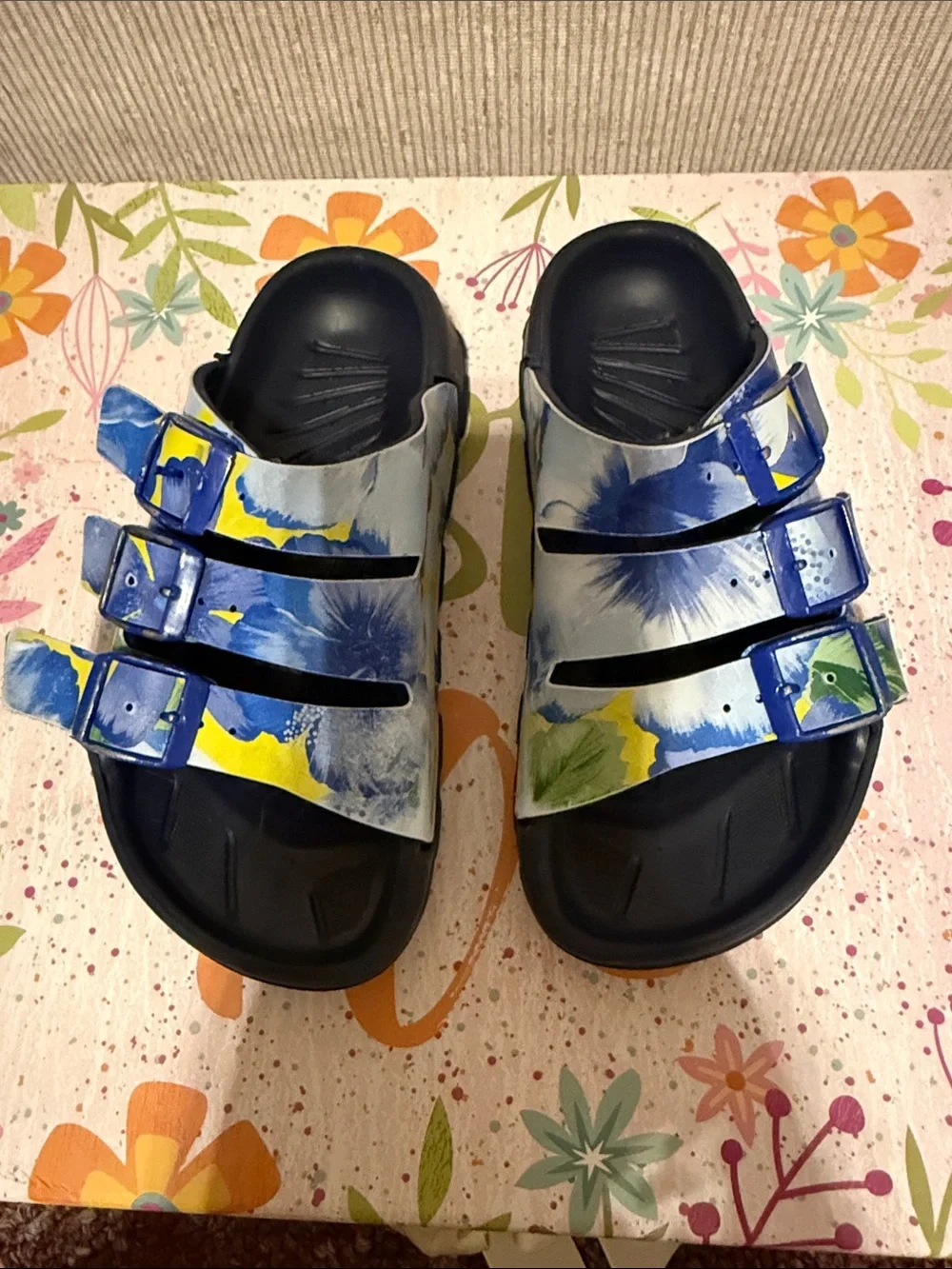 Kids Birkis Blue Floral Slide Sandals